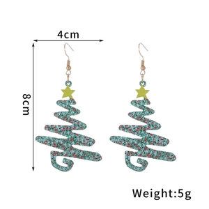 Minimalist green glitter Christmas tree hook earrings with yellow star charm 8cm height