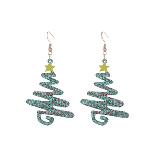 Minimalist green glitter Christmas tree hook earrings with star and ornaments