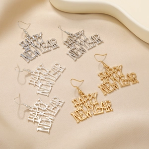 Boucles D'Oreilles Pendantes Lettres Happy New Year Alliage Métal Creux Bijoux Pour Femmes Accessoire De Fête