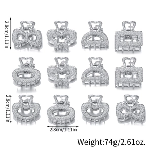 12-piece silver metal mini hair claw clips set with glitter finish in various shapes