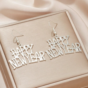 Boucles d'oreilles Happy New Year argentées sur satin champagne pour cadeaux de fête