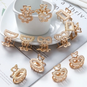 Set of 12 elegant mini golden metal hair claw clips in various shapes for women and girls