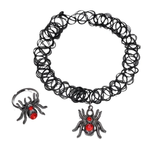 Gothic Halloween jewelry set featuring black spider choker and ring with red rhinestones