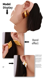 Detail showing wavy geometric gold earrings with enamel drip finish in multiple colors