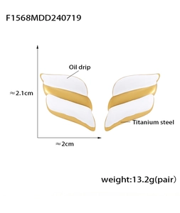 Detailed specs of wing earrings in 18k gold plated titanium steel with white enamel