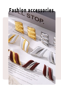 Detail showing wavy textured earrings in diverse metallic finishes and enamel colors