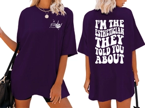 Detailed front and back view of purple aesthetician graphic t-shirt with white text