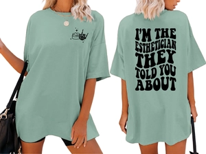 Dual view of mint green oversized t-shirt featuring esthetician back print and soft cotton