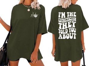 Front and back view of army green Esthetician graphic tee showing typography and fit