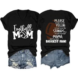 T-Shirt Femme Football Mom Col en V Décontracté Manches Courtes Tee-Shirt Graphique d'Été Confortable en Mélange de Coton
