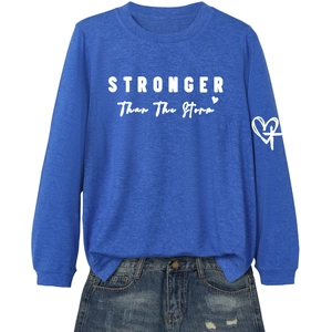 Royal blue long sleeve sweatshirt with Stronger Than The Storm print and heart graphics
