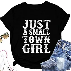 T-Shirt Femmes Mélange De Coton Col Rond Manches Courtes Imprimé Lettres Just A Small Town Girl Vintage Top Décontracté