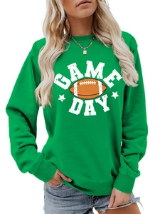 Close-up of green sweatshirt featuring Game Day lettering and ribbed cuffs detail