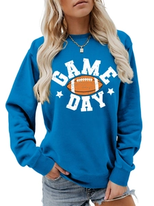 Close-up of navy blue crewneck sweatshirt with white Game Day football letter print