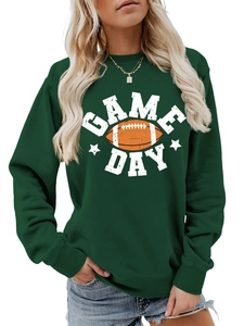 Detail of Game Day graphic print on high-quality dark green cotton sweatshirt fabric