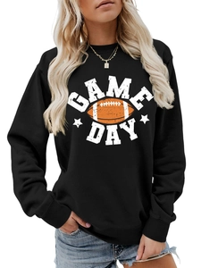 Detail of Game Day text and orange football graphic on charcoal grey crewneck sweatshirt