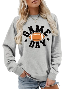 Close-up of ribbed cuffs and Game Day football print on grey crewneck sweatshirt
