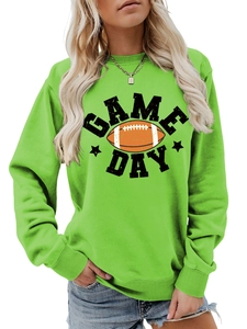 Detail of green Game Day crewneck sweatshirt showing football graphic and ribbed cuffs
