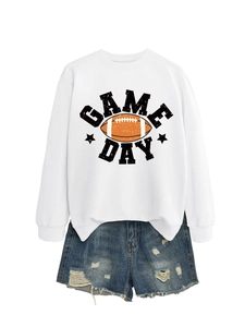 Close-up of white crewneck sweatshirt with vintage Game Day football graphic and stars