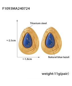 Detail of 2.5cm teardrop lapis lazuli earrings with vintage engraved titanium steel