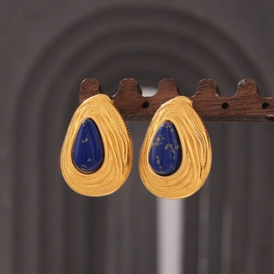 Water Drop Stud Earrings Natural Lapis Lazuli Stainless Steel 18K Gold Plated Vintage Jewelry For Women