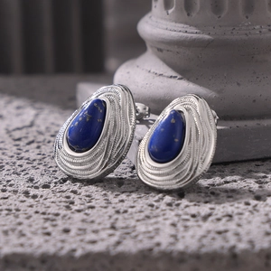 Vintage teardrop lapis lazuli earrings in a silver-tone wave texture metal frame