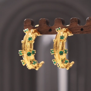 Geometric C-Shaped Hoop Earrings 18K Gold Plated Copper With Green Glass Stones Vintage Light Luxury Jewelry For Women