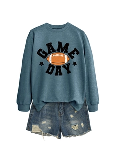 Blue-grey Game Day crewneck sweatshirt with football graphic and distressed denim shorts