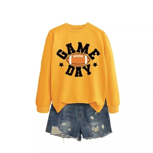 Kids Game Day crewneck sweatshirt in ginger yellow with distressed blue denim shorts