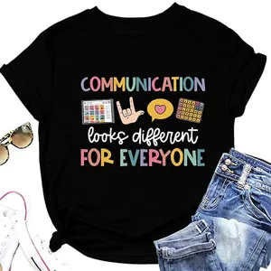 T-Shirt Décontracté en Mélange de Coton pour Femmes Col Rond Manches Courtes Top Lettres de Communication Imprimées