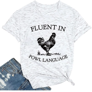 Detail of grey rooster t-shirt showing side knot hem and fluent in fowl language print