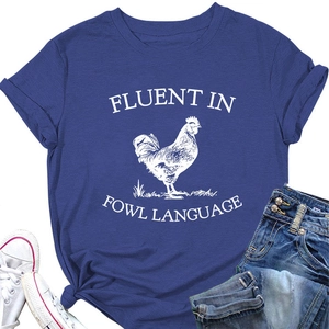 Navy blue cotton T-shirt featuring white rooster print and fowl language quote