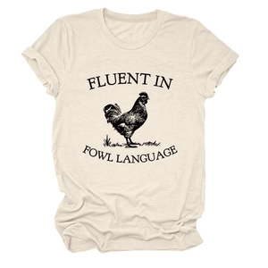 Detailed flat lay of cream crew neck t-shirt with rooster print and humor slogan