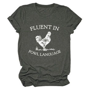 Flat lay of a grey cotton T-shirt featuring a rooster print and humorous wordplay text