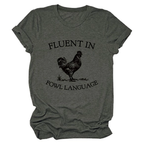 Detailed fabric texture and charcoal gray T-shirt with black rooster print and text