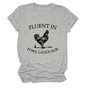 Detail of grey crewneck T-shirt showing rooster print and Fluent In Fowl Language text