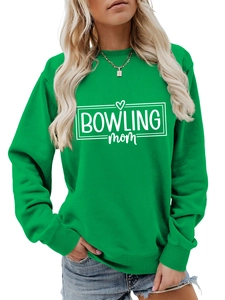 Detail of green bowling mom sweatshirt showing ribbed crewneck and white screen print