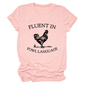 Close-up of pink crewneck T-shirt with black rooster print and fowl language text