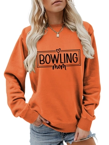 Close-up of orange Bowling Mom sweatshirt with round neck and letter graphic print