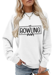 Close-up of the ribbed crewneck and BOWLING mom printed graphic on a white sweatshirt