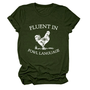 Detail of olive green t-shirt with white rooster print and fowl language text slogan