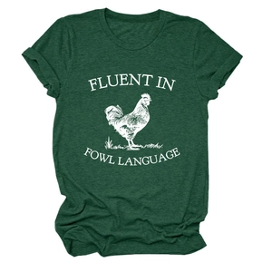 Detail of dark green t-shirt showing fluent in fowl language print and rolled cuff sleeve