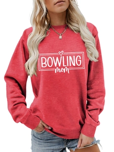 Detail of red crewneck sweatshirt featuring white Bowling Mom text and heart print