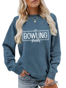 Detail of gray-blue crewneck sweatshirt featuring a white BOWLING mom frame print