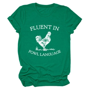 Close-up of forest green cotton T-shirt with white rooster print and witty fowl slogan