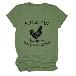 Olive green crewneck t-shirt featuring a vintage rooster print and funny fowl language slogan