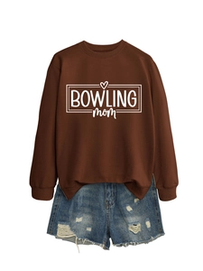 Detail of Bowling Mom print on brown crewneck sweatshirt with ribbed cuffs and hem