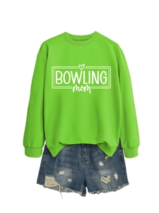 Close-up of Bowling Mom print on neon green sweatshirt with ribbed cuff details