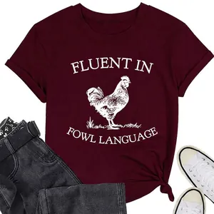 Women T-Shirt Short Sleeve Round Neck Cotton Blend Rooster Graphic Pun Letter Print Casual Summer Top Loose Fit
