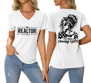 Vorder- und Rückseite des weißen V-Ausschnitt T-Shirts mit Realtor Life Grafikdruck für Damen